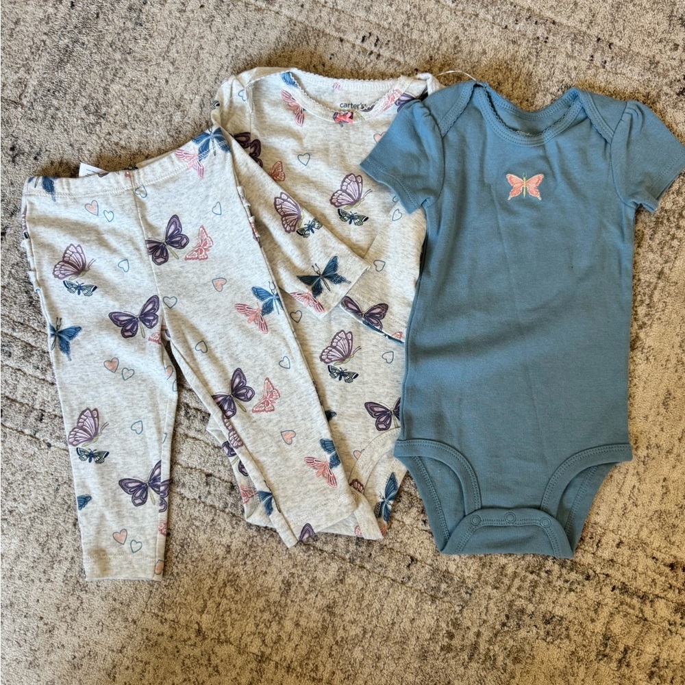Carter's Blue and Gray Baby Bodysuit with Pink Butterfly Embroidery Bundle NWT
